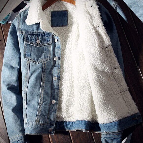 Men's Lapel Sherpa Fleece Lined Denim Trucker Jacket, Large - Warmth Meets Style - Picture 5 of 7